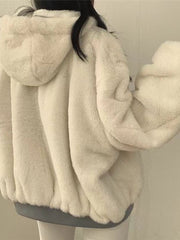 Women's Winter Double-Sided Plush Padded Jacket with Hood & Pockets - Thickened Lamb Outer Coat, Zipper Closure, Solid Color Casual Sweater for Cold Weather (No elastic fabric)
