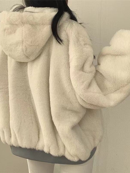 Women's Winter Double-Sided Plush Padded Jacket with Hood & Pockets - Thickened Lamb Outer Coat, Zipper Closure, Solid Color Casual Sweater for Cold Weather (No elastic fabric)