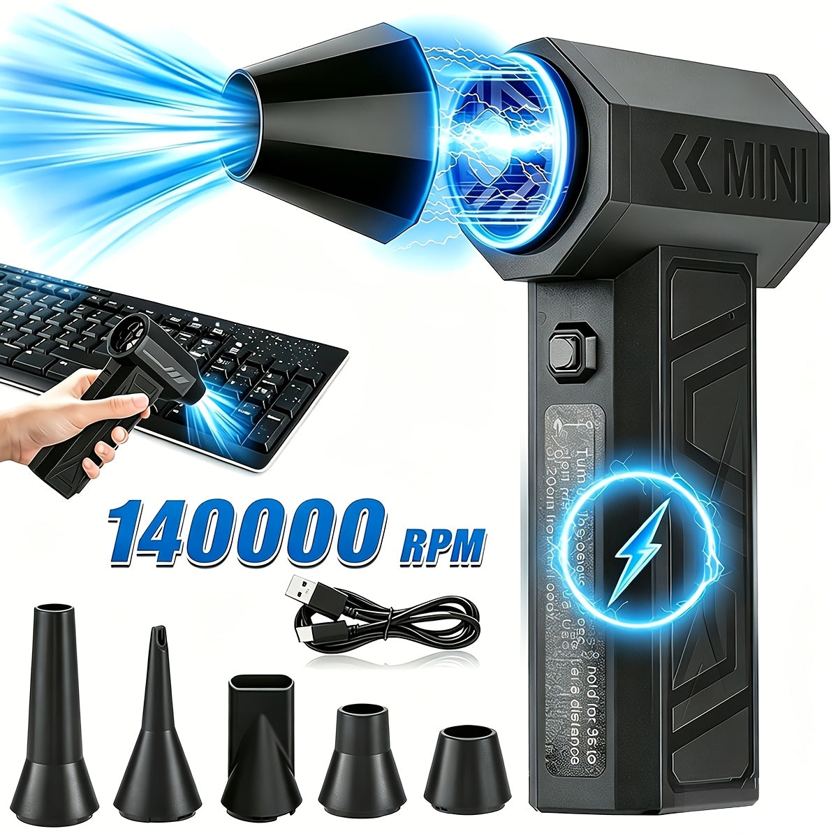 Compressed Air Dust Collector, 120W High-power Violent Fan, Built-in 2400mAh Battery Rechargeable Air Blower, with 140, 000 Rpm High-speed Turbine Fan, with 3 Speed Settings, Handheld Hair Dryer, Suitable for Computer Keyboards, Cars, Homes.