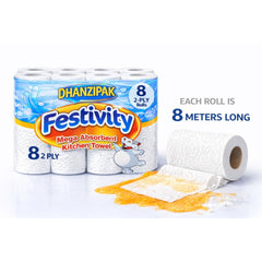 DHANZIPAK Kitchen Roll – 8 Pack, 2-Ply Mega Absorbent Paper Towels, 44 Sheets Per Roll, 8m Length Each