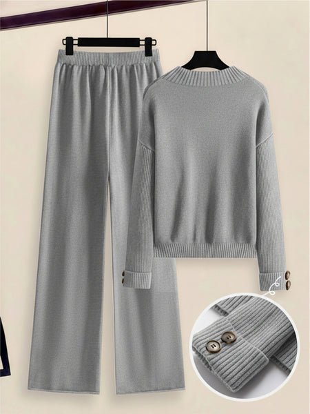 Women's 2pcs Set with Side Stripe| Crewneck Sweater & Relaxed Fit Straight Leg Pants| Soft Loungewear for Spring Autumn | European Casual Y Style