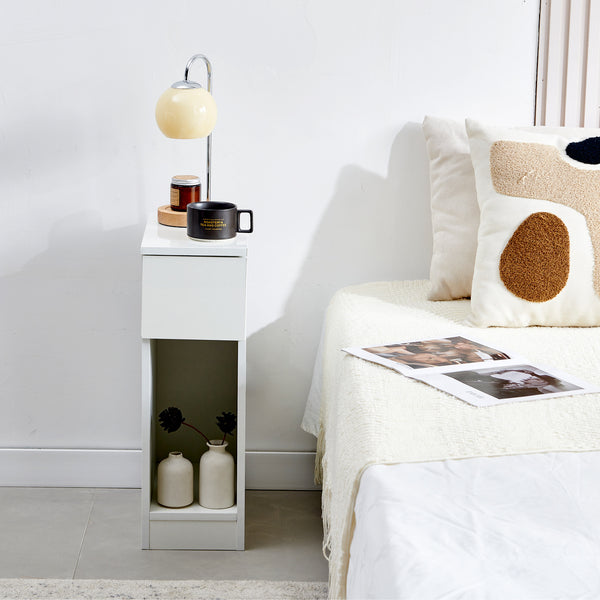 Slim Bedside Table, High Gloss Narrow Nightstand, Small Bedside Cabinet with Storage Space Saving for Bedroom Storage Unit, Living Room Small Sofa Side End Table
