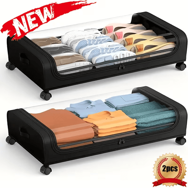 2 Sets, Underbed Storage Box, Underbed Storage Box with Wheels Lid, 96L Metal Frame, Bed Box, Organiser, Storage Bag, Foldable Underbed Box for Clothes, Shoes, Blankets, Bedding, Black, Under-Bed Storage