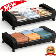 2 Sets, Underbed Storage Box, Underbed Storage Box with Wheels Lid, 96L Metal Frame, Bed Box, Organiser, Storage Bag, Foldable Underbed Box for Clothes, Shoes, Blankets, Bedding, Black, Under-Bed Storage