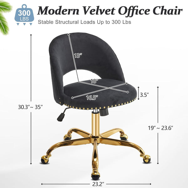 Office Chair Velvet Fabric Swivel Computer Desk Chair Comfy Armless Vanity Task Chair With Adjustable Height, Ergonomic Chair for Home Bedroom (Delicate Lilac)