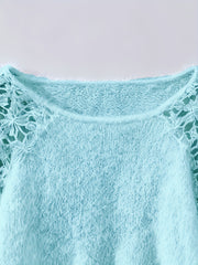 Women's Hollow-Out Lace Off-Shoulder Lace Sleeve Patchwork Pullover Sweater, Fluffy and Elegant