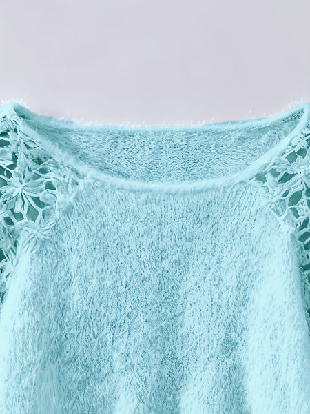 Women's Hollow-Out Lace Off-Shoulder Lace Sleeve Patchwork Pullover Sweater, Fluffy and Elegant