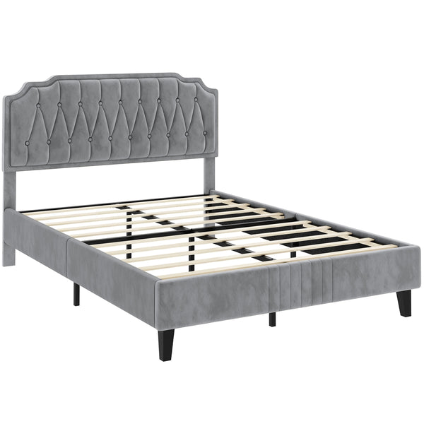 Costoffs Double/King Bed Frame Upholstered Platform Bed with Adjustable Button Tufted Headboard/Velvet Fabric/Mattress Foundation/Sturdy Wooden Slat Support, No Box Spring Needed, Black/Beige/Dark Grey/Light Grey