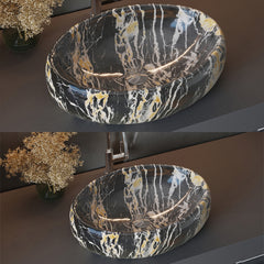 1pc Countertop Bathroom Sink, Black Marble Texture Oval Ceramic Wash Basin, Porcelain Ceramic Vessel Vanity Sink for Vanity Cabinet Cloakroom, Laundry Room, Bathroom, Washroom, 48x34x14cm