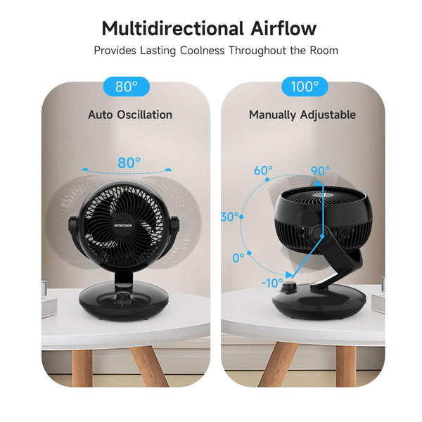 Desktop Air Circulator Fan, Quiet Three-Speed Desktop Fan, 80° Oscillation, 100° Adjustable Tilt, 12-Meter Long-Distance Air Delivery, Removable Front Cover, Black, Suitable for Bedroom/Office.