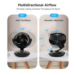 Desktop Air Circulator Fan, Quiet Three-Speed Desktop Fan, 80° Oscillation, 100° Adjustable Tilt, 12-Meter Long-Distance Air Delivery, Removable Front Cover, Black, Suitable for Bedroom/Office.
