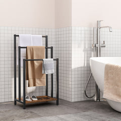 Blanket Rack, Wardrobe Quilt Rack, Freestanding Towel Holder for Bathroom, Drying Stand with 3 Towel Rails And Storage Shelf, Metal, for Bath And Hand Towels, Rustic Brown And Black