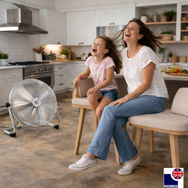 Morris Floor Fan 12 Inch Strong Airflow 3 Speeds Aluminium Blades Tilt Head 135° Portable Compact Fan for Bedroom Office Home Silver