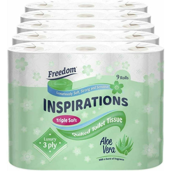 Freedom Inspiration 45 Luxury Toilet Rolls - 3-Ply Bathroom Tissue with Aloe Vera Fragrance Pack Scented Sheets Wipes