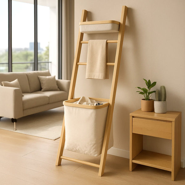Japanese-Style Bathroom Ladder Shelf with Oxford Fabric Storage, Freestanding Wooden Towel Rack Organizer for Bathroom Accessories