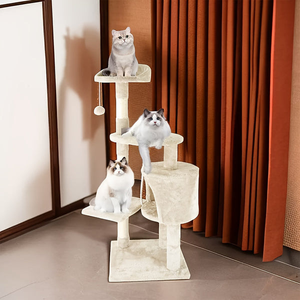 1pc 4-storey Luxury Super-large Cat Climbing Frame Cat Platform 40cm * 40cm * 122cm15.74in * 15.74in * 48.03in Beige Cat Tree Thick Hemp Tied with Thick Support Column Thick Density Board Durable for Cats, Indoor Use, Perfect Gift for Cats Cat