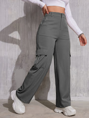 Flap Pocket Solid Color Cargo Pants, Y2K Slant Pocket Button Front Every Day Pants, Women's Clothing