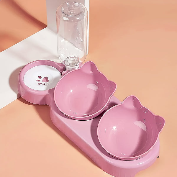 A 3-In-1 Pet Bowl That Includes a Cat Bowl, Spoon, And Cup, Available Locally for Food And Water. This Triple Cat Bowl Features a Plastic Raised Dish And an Automatic Water Bottle