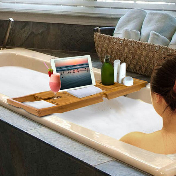 Multi-purpose Bathtub Tray, Expandable Bathtub Stand, Bamboo Wood, Multi-compartment Card Slot, Flat Towel Toiletries Shelf, for Home Hotel, Natural Color, 75-109x23x4.5cm