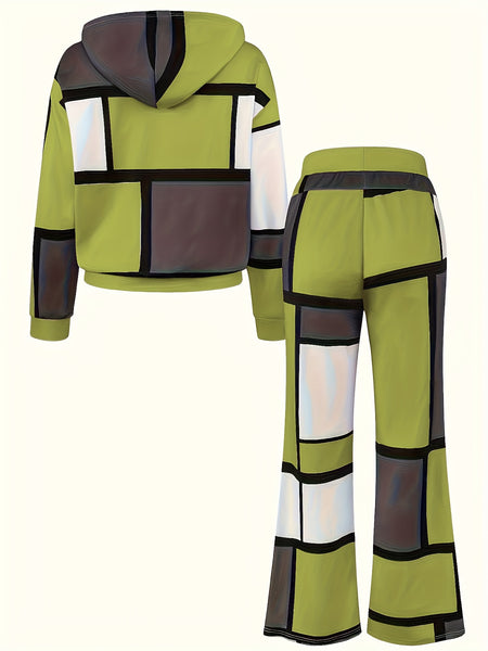 Casual Color Block 2pcs Set, Long Sleeve Hooded Top And Drawstring Pants, Women'S Clothing