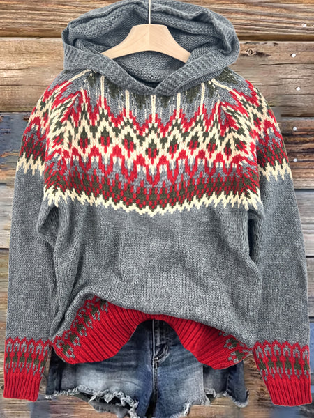 Women's Winter Hooded Jacquard Sweatshirt Style Glacier Snow Mountain Chunky Elegant Fashionable Comfortable Casual Vintage Commuter Soft Slim-Fit Top