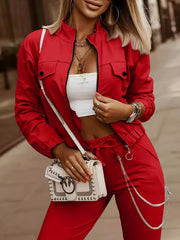 Cross-Border Women'S Two-Piece Set Zipper Long-Sleeved Top Pants Stitching Zipper Design Casual Suit