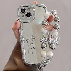 Mobile Phone Case with a Unique Electroplated Silver Design Featuring a Curved Edge Pattern And a Pearl Bracelet Lanyard. It'S Durable, Anti-Fall, And Compatible with Iphone 11 Through 16, Including Pro And Plus Versions