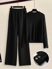 Women's 2pcs Set with Side Stripe| Crewneck Sweater & Relaxed Fit Straight Leg Pants| Soft Loungewear for Spring Autumn | European Casual Y Style