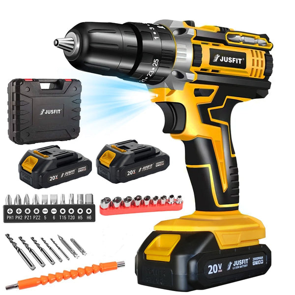 Cordless Combi Hammer Impact Drill Driver Electric Screwdriver & 2 Battery Electric Screwdriver Set 25+3 Clutch, Handheld Cordless Hammer Drill, 29 PCS Drill Bits, LED Light for Home and Garden DIY Project