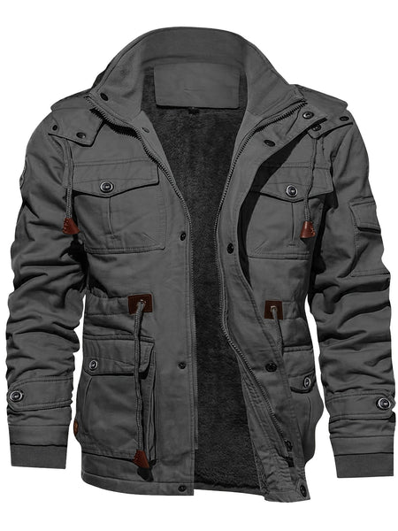 Men'S Fleece Jacket Casual Warm Hooded Windproof Outerwear Fleece Jacket Hooded Multi-Pocket Utility Jacket