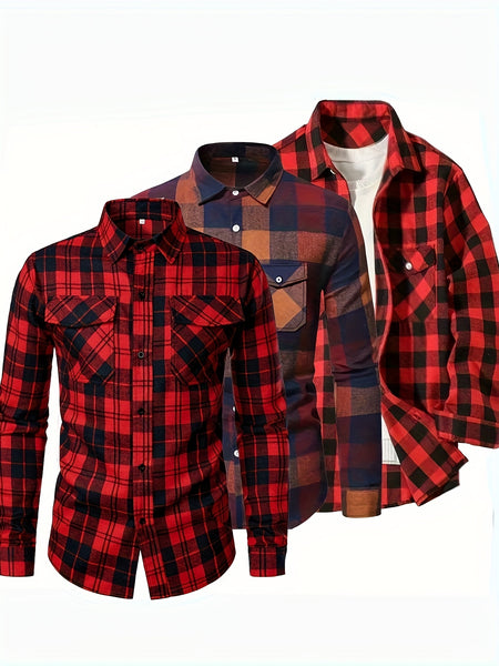 3 Men'S Plaid Shirt Top Lapel Long Sleeve Closure Men'S Casual Shirt Suitable for Men'S Daily Holiday Street Wear Casual Plaid Shirt Four Seasons Fashion Comfortable Fit Red, Blue And Black 3-Color Combination Pc Button Collar Chest Pocket
