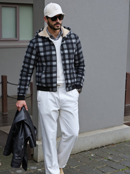Men's Heavyweight -Lined Hooded Jacket - Full-Zip Plaid Thickened Shirt with Pockets and Adjustable Drawstring, Comfortable and Warm for Autumn and Winter