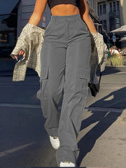 Flap Pocket Solid Color Cargo Pants, Y2K Slant Pocket Button Front Every Day Pants, Women's Clothing