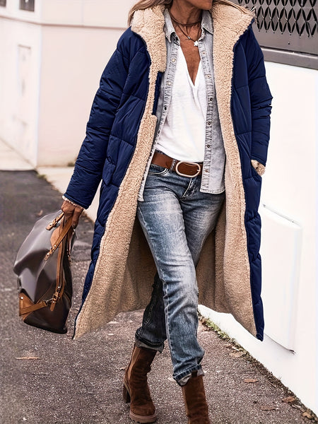 Winter New Women's Double-Sided Raglan Sleeve Hooded Jacket, Outdoor Street Style Casual Autumn Winter Long Warm Windproof Fashion Solid Color Slim Long Sleeve Padded Coat