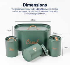 Kitchen Canister Set with Bread Bin (Green) | Metal Airtight Tea Coffee Sugar & Bread Canister with Silicone Seal | Kitchen Storage Set (4pcs) That Keep Edible Fresh for Longer