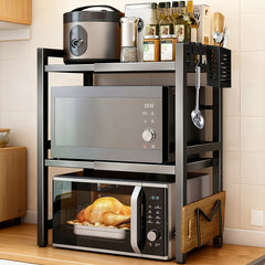 2/3-tier Expandable Microwave Oven Rack Countertop with 4 Hooks, Includes A Chopstick Holder, Cutting Board Holder, And 3 Towels. Kitchen Storage And Organization; Adjustable From 40-64cm; Suitable for All Kitchens (black, White).