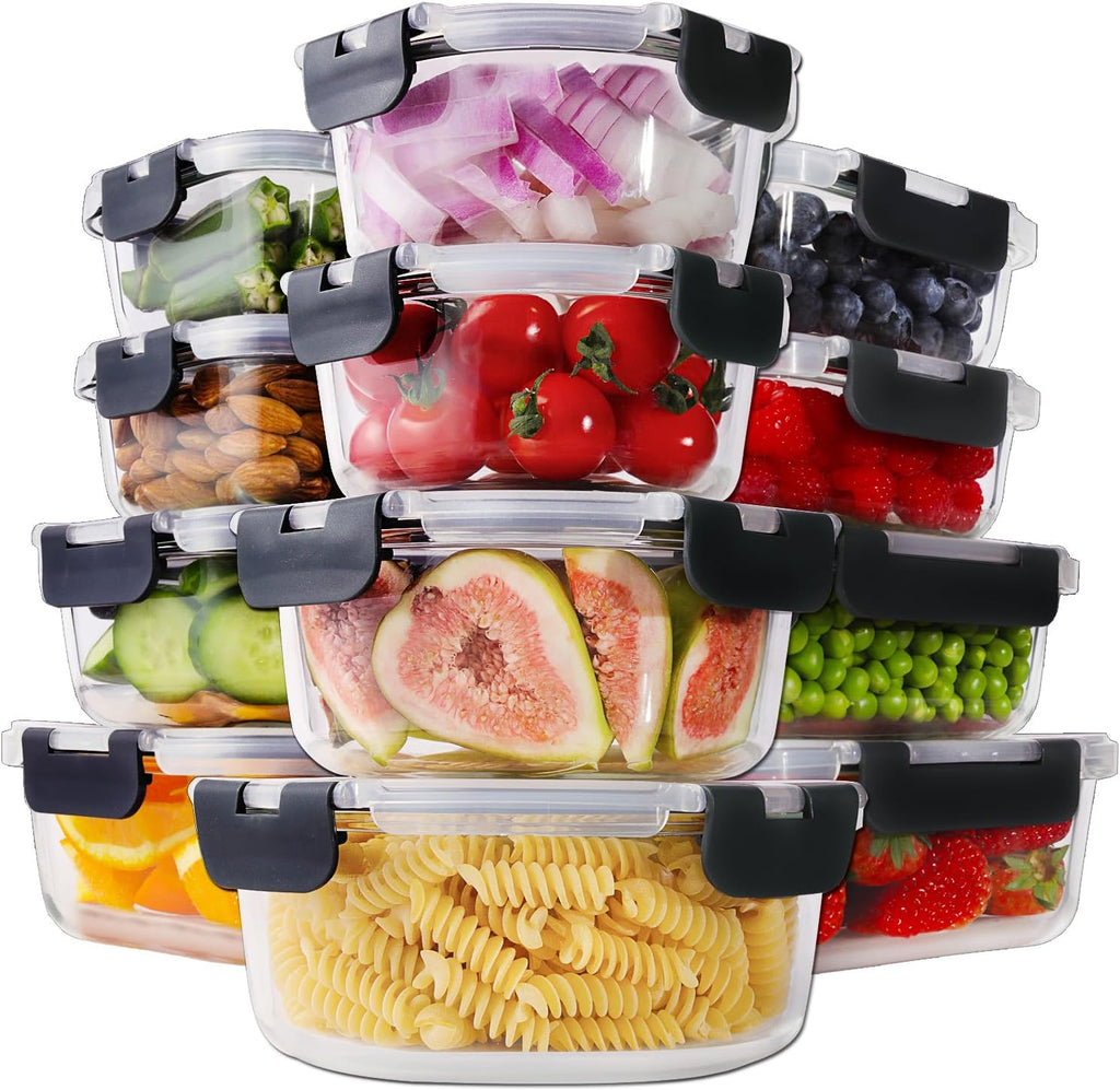 HOMBERKING 24Pc Glass Food Storage Containers with Lids, Glass Meal Prep Containers with Leak Proof Snap Lock Lids, Airtight Bento Lunch Boxes, Kitchen Storage (12 Lids & 12 Containers) - Black
