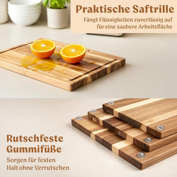 Acacia Wood Chopping Board Set of Four (Three Chopping Boards And One Stand); Thick, Solid Acacia Wood Chopping Boards, Suitable for Use in The Kitchen; Wooden Chopping Boards in Various Sizes; Wooden Chopping Boards for Kitchen Use
