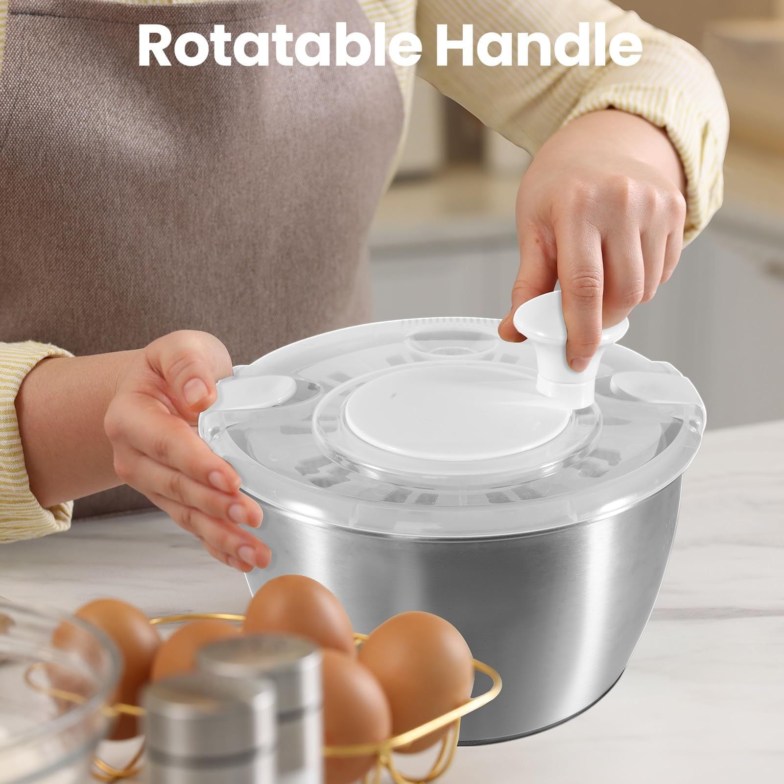 4.5L Stainless Steel Salad Spinner with Lid - Dishwasher Safe, Multifunctional Salad Drying and Washing Bowl for Fresh Lettuce, Spinach, and Greens