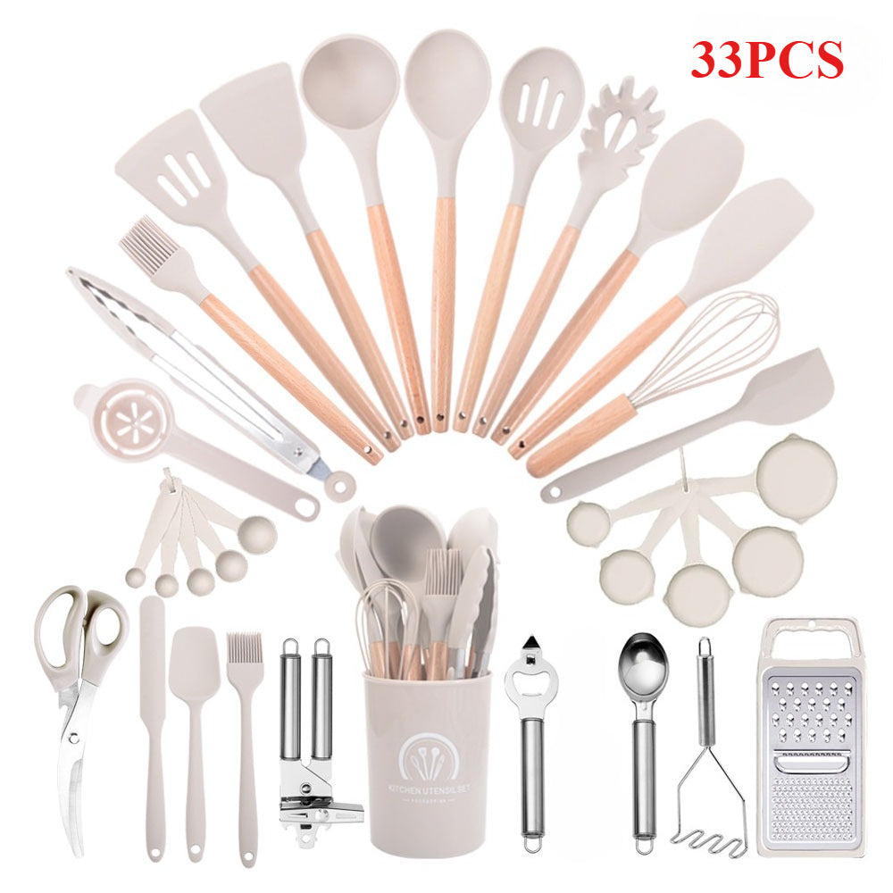 33PCS Non-Stick Kitchen Utensil Set, Silicone Cooking Tools with Wooden Handles, Light Khaki/Black, Cooking Tools and Accessories, Holiday Birthday Gift