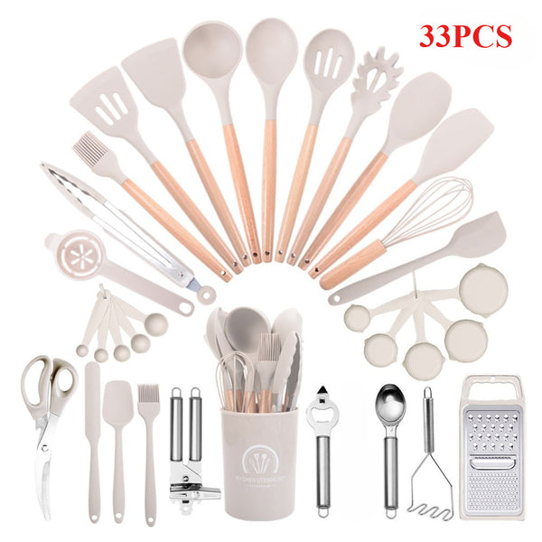 33PCS Non-Stick Kitchen Utensil Set, Silicone Cooking Tools with Wooden Handles, Light Khaki/Black, Cooking Tools and Accessories, Holiday Birthday Gift