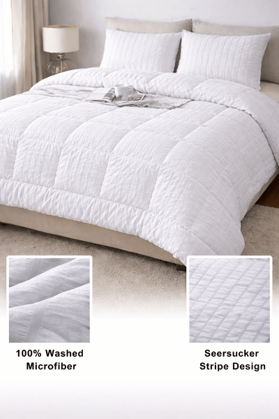 Luxury Washed Microfibre Seersucker Comforter Duvet Quilt – Soft & Lightweight All Season Bedding – White & Grey – Single, Double & King Size