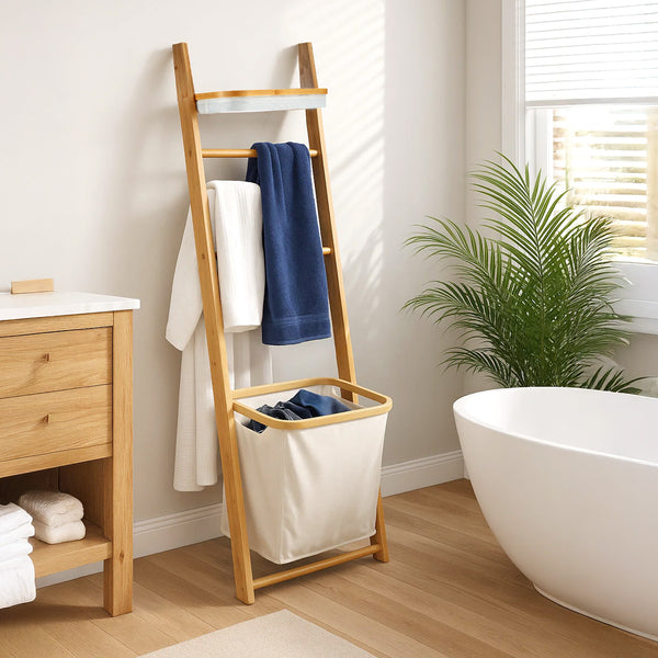 Japanese-Style Bathroom Ladder Shelf with Oxford Fabric Storage, Freestanding Wooden Towel Rack Organizer for Bathroom Accessories