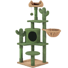 Costoffs Cat Tree, 135cm Height Cat Cactus Tree, Condo Kitten Tree Tower, Cat Furniture with Natural Sisal, Cat Tower with Padded Perch, Platform, Condo, Scratching Posts & Hanging Ball, Cat Furniture for Kittens, Green/Brown