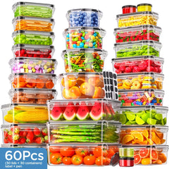 60pcs Food Storage Container Set with Lids - Stackable Plastic Containers (30 Lids + 30 Containers) - Leak-proof, Stackable - Perfect for Kitchen Organization - Containers for Meat, Fruits, And Vegetables - Includes Labels And Pen
