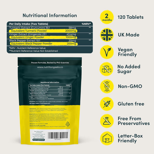Turmeric Tablets 2000Mg with Black Pepper & Ginger - 120 High Strength Curcumin Supplements - Easy Swallow Tablets (Not Turmeric Capsules or Powder) - Vegan - UK Made