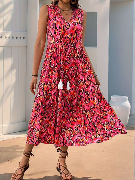 Spring/Summer Vacation Women'S Sleeveless Bohemian Style Fringed Tie-Up Printed Dress