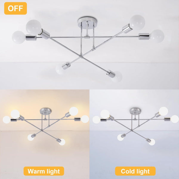 6-Light Modern Gold Sputnik Chandelier, Industrial Semi Flush Mount Ceiling Light Fixture, E27 Hardwired Metal Lamp for Living Room Dining Room