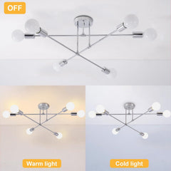 6-Light Modern Gold Sputnik Chandelier, Industrial Semi Flush Mount Ceiling Light Fixture, E27 Hardwired Metal Lamp for Living Room Dining Room