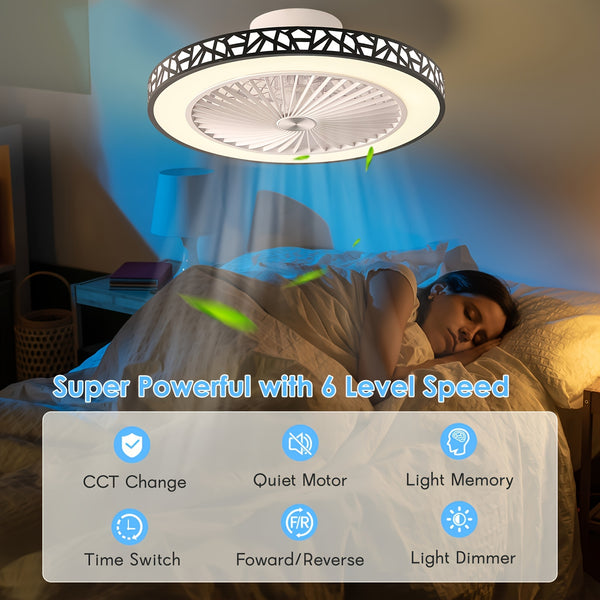 Ceiling Fan with Lights, 48.26cm Bladeless Enclosed Ceiling Fan Iron 48W Low Profile Flush Mount Fans 6 Speeds Dimmable 3000K-6500K Quiet Timing Bedroom Fan Light